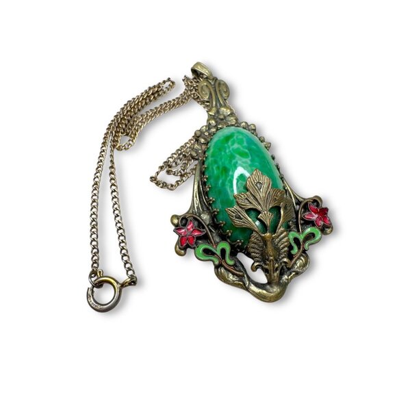 Art Nouveau Czech Peking Glass Pendant Necklace Brass Enamel Gold Filled - Picture 7 of 8